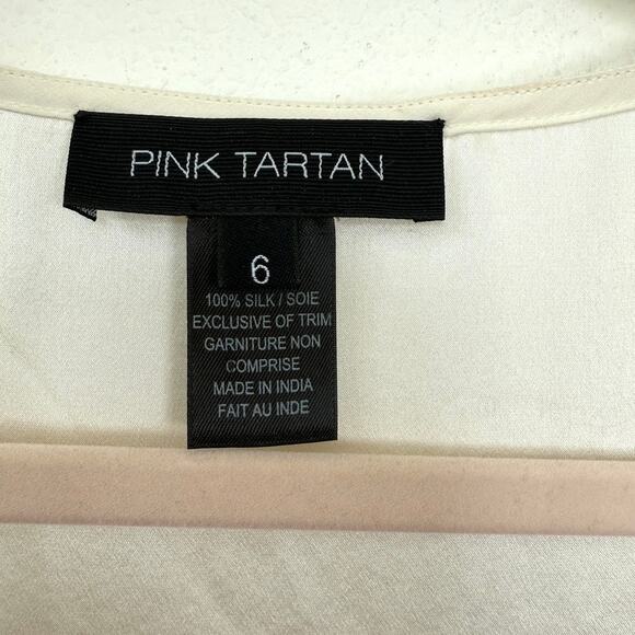 Pink Tartan 100% Silk Sleeveless Top Cream Embroidered Appliqué V Neck Size 6 - Picture 2 of 6